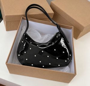 Glossy Black Stone Pattern Fashion Rivet PU Leather Shoulder <b>Bag</b> with Water Resistant Zipper for Outdoor Shopping & Daily Travel - Product Image 4