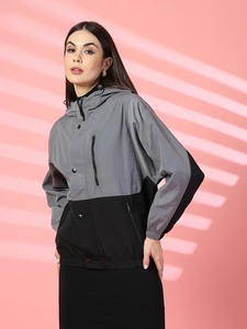 Blouson à capuche pour femme, color block, manches longues, coupe-vent, en polyester tissé, pour l'automne - Product Image 6