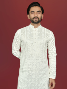 Kurta Blanca de Algodón para Hombre con Bordado, Corte Regular, Largo hasta el Tobillo, Ropa Tradicional India y Pakistaní para Bodas - Product Image 2