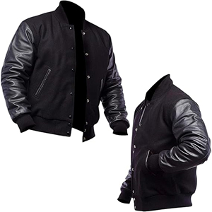 Custom <b>Men</b> Black Wool Body Leather Sleeve Varsity <b>Jacket</b> Wholesale Blank Vintage Bomber <b>Baseball</b> Letterman College Casual Coat - Product Image 1