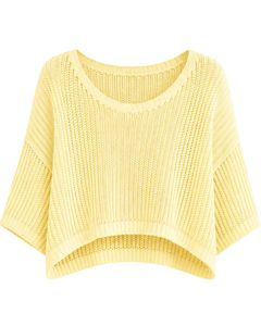 Pull court tricoté ample jaune pour femme, manches courtes, léger et respirant, idéal pour l'été, style décontracté et tendance - Product Image 2