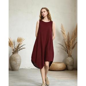 Premium Burgundy O-Neck Sleeveless Linen Cotton Mini <b>Dress</b> <b>Loose</b> Fit Casual Summer <b>Dress</b> With Pockets Women's Maxi <b>Dress</b> - Product Image 3