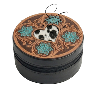 Caja de Joyería Vintage de Cuero Vacuno con Diseño Floral Western, Estuche de Cuero Grabado con Pelo de Vaca, Corazón Turquesa, Organizador de Joyas de Diseño para Mujer - Product Image 1