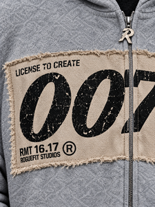 Sweat-shirt à capuche gris pour homme avec imprimé 007 et patchs, style streetwear, coupe classique, vêtement d'automne - Product Image 3