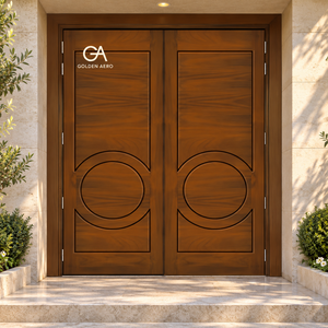 GA-41L Modern Solid Timber Entrance Double Leaf Door <b>Circle</b> Grooveline Design for Villa Direct Factory Good Quality - Product Image 1