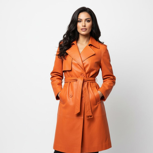 Rahsal Industries Unisex Real Leather <b>Thick</b> Trench <b>Coat</b> Double Breasted Long Length Stand Collar Windproof Breathable <b>Winter</b> - Product Image 1