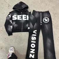 Ensemble de survêtement personnalisé pour homme en molleton bouclette, éco-responsable, tie-dye lavande, avec sweat à capuche zippé et pantalon de survêtement en coton peigné, logo lettré