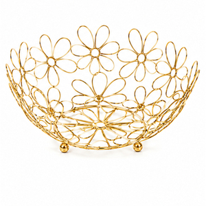 Corbeille à fruits en fil doré avec motif floral en dentelle, bol décoratif moderne en fil de fer pour rangement sur comptoir de cuisine et vente en gros - Product Image 1