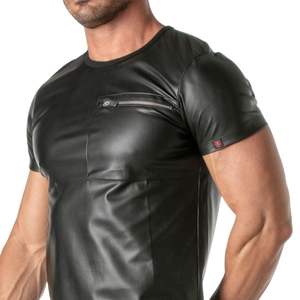 Camiseta con cremallera y bolsillo para hombre, estilo cuero negro, corte ajustado, ropa de fiesta, moda fetish. - Product Image 4