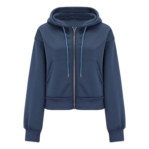 High Quality <b>Women</b> Navy Blue Regular Sleeve Solid <b>Fleece</b> Zip up Hoodie with Drawstring Hood Front Logo Wholesale Manufacturer - Product Image 2
