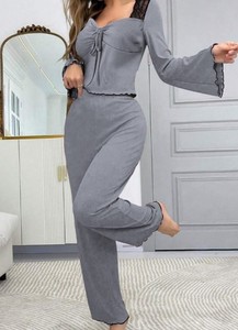 Women's Knitted Lounge Set Long Sleeve Bow Collar Solid Color Soft Stretchy Full Length <b>Pants</b> Autumn Wear - Product Image 4
