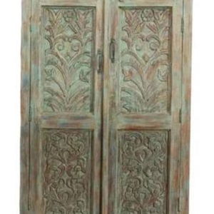 Luxury Handcrafted Solid Wood 2 Door <b>Wardrobe</b> Ornate Leaf Carving Distressed Teal Green Armoire - Product Image 4