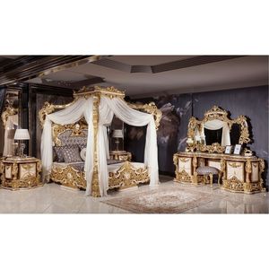 Luxury Royal Mahogany Wood <b>Bedroom</b> Set Gold Carved Four Poster Canopy King Bed with Wardrobe Nightstands and <b>Dressing</b> <b>Table</b> - Product Image 1