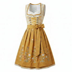 Vestido Dirndl Alemán Auténtico de Primera Calidad para el Oktoberfest, Disfraz de Camarera de Cervecería Bávara Personalizado, Bordado, Amarillo Mostaza, Tejido a Crochet - Product Image 1