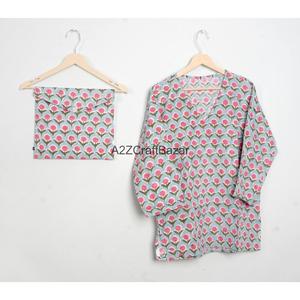 Ensemble de pyjama d'été en coton deux pièces pour femmes de qualité supérieure, col en V, taille élastique, longueur intégrale, séchage rapide, nouvelle arrivée - Product Image 2