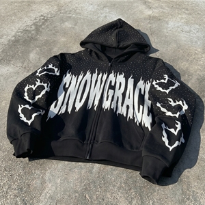 Snowgrace Hooded <b>Sweatshirt</b> Black Flame <b>Heart</b> Print Zipper Front Oversized Fit Men Streetwear Winter Knitted Cotton - Product Image 6