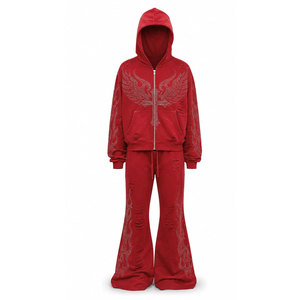 Conjunto de chándal con capucha y pedrería roja, diseño de alas cruzadas, cremallera completa, bolsillos delanteros, corte holgado, sudadera y pantalones de chándal estilo streetwear - Product Image 2