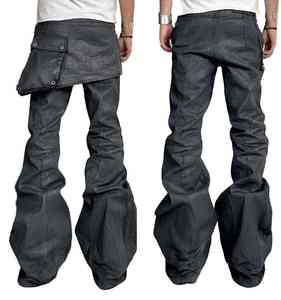 Jeans en denim noir ciré personnalisé DENIM, coupe évasée, empilés, pour hommes - Product Image 1