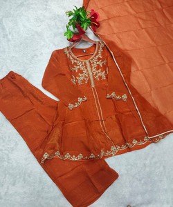 Ensemble haut moderne en soie brodée et pantalon palazzo avec dupatta, tenue de fête, prix de gros, vêtement ethnique, orange - Product Image 2