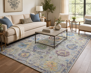 Tapis moderne abstrait en laine tufté à la main, multicolore bleu, jaune et rose, avec envers en latex, pour la décoration intérieure - Product Image 6