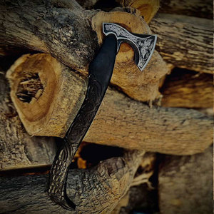 Viking Axe Industrial Grade Carbon Steel Blade Norse Culture Inspired Decorative <b>Tool</b> Wooden <b>Engraved</b> Head Collectible Display - Product Image 2