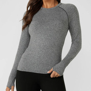 Women Yoga Padded Longline Workout Crop Length Shirt Crew Neck <b>Thumb</b> Hole <b>Cuffs</b> Seamless Knitted Yoga Fitness Workout Shirt - Product Image 3