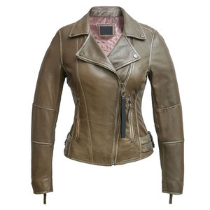 Chaqueta de Motocicleta para Mujer, de Piel de Cordero Marrón, Transpirable, con Cuello Alto, Forro Grueso de Algodón, Cierre de Cremallera, Manga Larga - Product Image 1