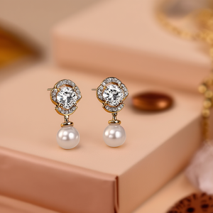 Stud Earrings with Diamond and Pearl Gold Plated Stainless Steel and Alloy Trendy Cute Wedding Gift Oxidized Polish Casual - Product Image 3