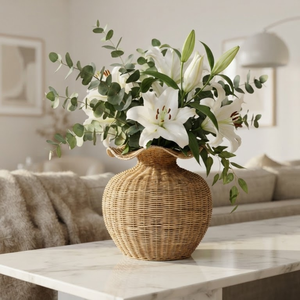 Geschwungene runde Rattan-Vase, handgefertigte rustikale geflochtene Vase für Blumenarrangements, Einweihungsfeier, Hochzeitsfeier, Dekoration. - Product Image 4