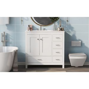Mobile Bagno Bianco da 36 Pollici con Ampio Spazio di Archiviazione, Armadietto a 2 Ante con Chiusura Ammortizzata e 5 Cassetti, con Lavabo in Ceramica Integrato - Product Image 6