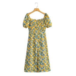 Summer New Elegant Slim Floral Print <b>A</b>-<b>Line</b> Midi <b>Dress</b> Casual with Sweetheart Neck <b>Pattern</b> Decoration Side Slit Lantern Sleeves - Product Image 3