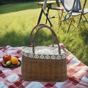 Bolso de mano ecológico de hierba de juncia, forro de tela, cierre de cerrojo con cremallera, forma cuadrada, 1-1,9 L de capacidad, ligero, duradero, Unisex - Product Image 2