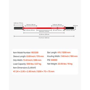 Bilanciere da 4FT con impugnatura zigrinata per allenamento di forza, sollevamento pesi, squat, stacchi, compatibile con dischi da 2 pollici - Product Image 4