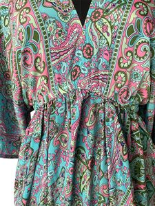 Robe mi-longue DHATI à imprimé floral bohème, col en V, manches trois quarts, coupe ample, taille élastique, 100% soie chiffon, décontractée pour l'été - Product Image 2