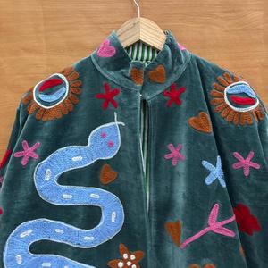 Boho Embroidered Velvet <b>Jacket</b> <b>Women</b> Oversized Snake Applique <b>Zip</b> <b>Up</b> Coat Retro Artsy Outerwear Autumn Wear - Product Image 2