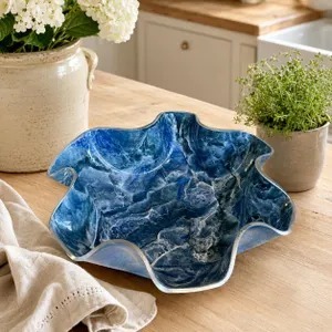 Handmade Wood <b>Bowl</b> <b>Blue</b> Marble Pattern Gold Rim Modern Design Durable Non-Toxic Food Serving Dish Gifting Decorative - Product Image 3