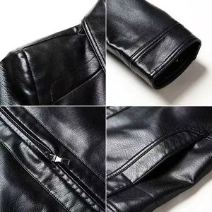 Veste en cuir marron pour homme, col montant, fermeture éclair, style motard, coupe ajustée, pour l'automne, couleur unie, manches classiques - Product Image 5