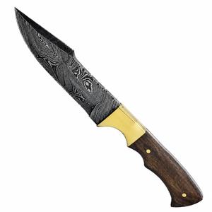 Cuchillo de Caza Premium con Patrón Damasco, Mango de Madera Marrón Oscuro, Bolster Dorado y Hoja Negra Plateada para Uso en Exteriores - Product Image 2