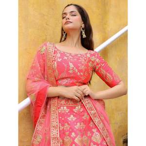 Encantador Peach Bordado Seda Boda Lehenga Choli Con Dupatta - Product Image 5