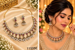 Parure de collier Kundan artisanale en pierre taille poire, design plaqué or antique, avec pendentifs Jhumki et grappes de perles tombantes - Product Image 3