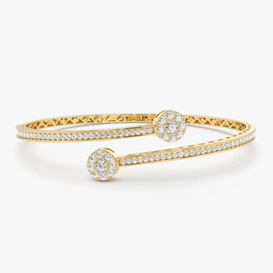 Yellow Gold 14K Double Row Cluster Lab Grown Diamond Filled Luxury Open <b>Bangle</b> <b>Bracelet</b> - Product Image 1