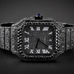 Montre automatique mécanique carrée entièrement sertie de diamants noirs avec cadran à chiffres romains, bijoux de luxe hip-hop pour hommes - Product Image 1