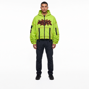 Sudadera con capucha y cremallera para hombre, estilo streetwear, verde neón, oversize, con bolsillo frontal con logo, diseño regular, 100% algodón, para invierno - Product Image 1