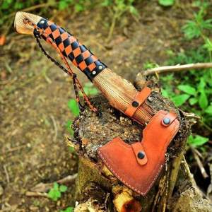 Hand Forged High Carbon Steel Builder's Hatchet Custom OEM <b>Wood</b> Leather Wrap Handle Bearded Head <b>Axe</b> with Leather Sheath - Product Image 2