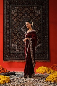 Exclusive Designer 9000 <b>Velvet</b> Fabric Sequence Zari Thread Embroidery Work Border Unstitched Washable Bollywood Wedding <b>Saree</b> - Product Image 3