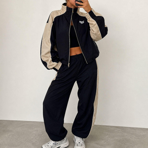 Custom Women Cropped <b>Track</b> <b>Jacket</b> Set Lightweight Contrast Panel Windbreaker Tracksuit OEM Zipper Front Stand Collar Hoodies USA - Product Image 1