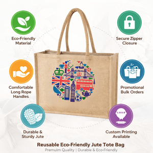 Reusable Eco-Friendly Jute Tote <b>Bag</b> with <b>Long</b> Rope Handle | Secure Zipper Closure | Custom Logo Printing for Promotional Bulk - Product Image 6