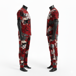 Ensemble de survêtement premium rouge en coton et polyester, t-shirt et pantalon imprimés sur toute la surface, logo personnalisé, pour homme - Product Image 2