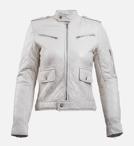 Women's White <b>Quilted</b> Motorcycle <b>Jacket</b> Full Sleeve Mandarin Collar Zipper Closure Regular Length Solid <b>Pattern</b> Anti-UV Leather - Product Image 1