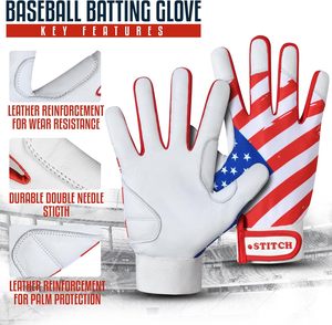 Guantes de Bateo de Béisbol y Sóftbol de Cuero para Primera Base - Bandera Americana para Jóvenes y Adultos Unisex - Product Image 3